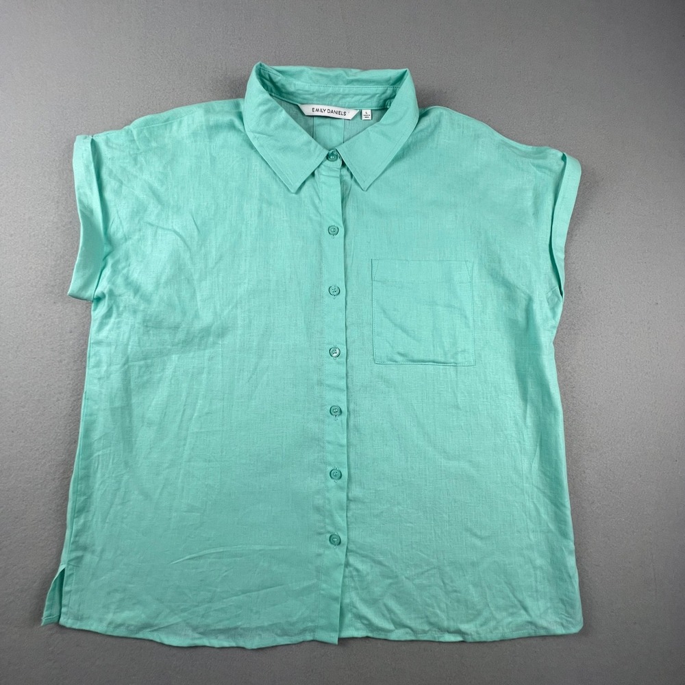 Emily Daniels Button Down Top Womens Large Green Linen Blend Short Sleeve Casual